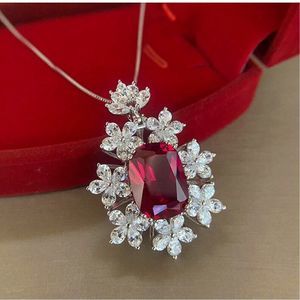 💋Sparkling Ruby Red Floral Cz Diamond Pendant  Silver Hypoallergenic Necklace